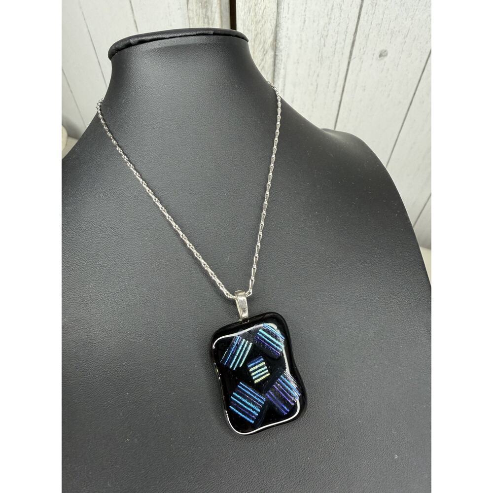 Handmade Dichroic Glass Pendant Black Blue Unique W/ Monet Chain